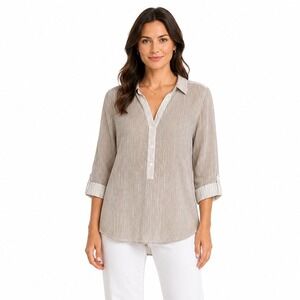 Rebecca Malone Striped Sheer Henley Top Cotton Roll Tab L Coastal Minimalism